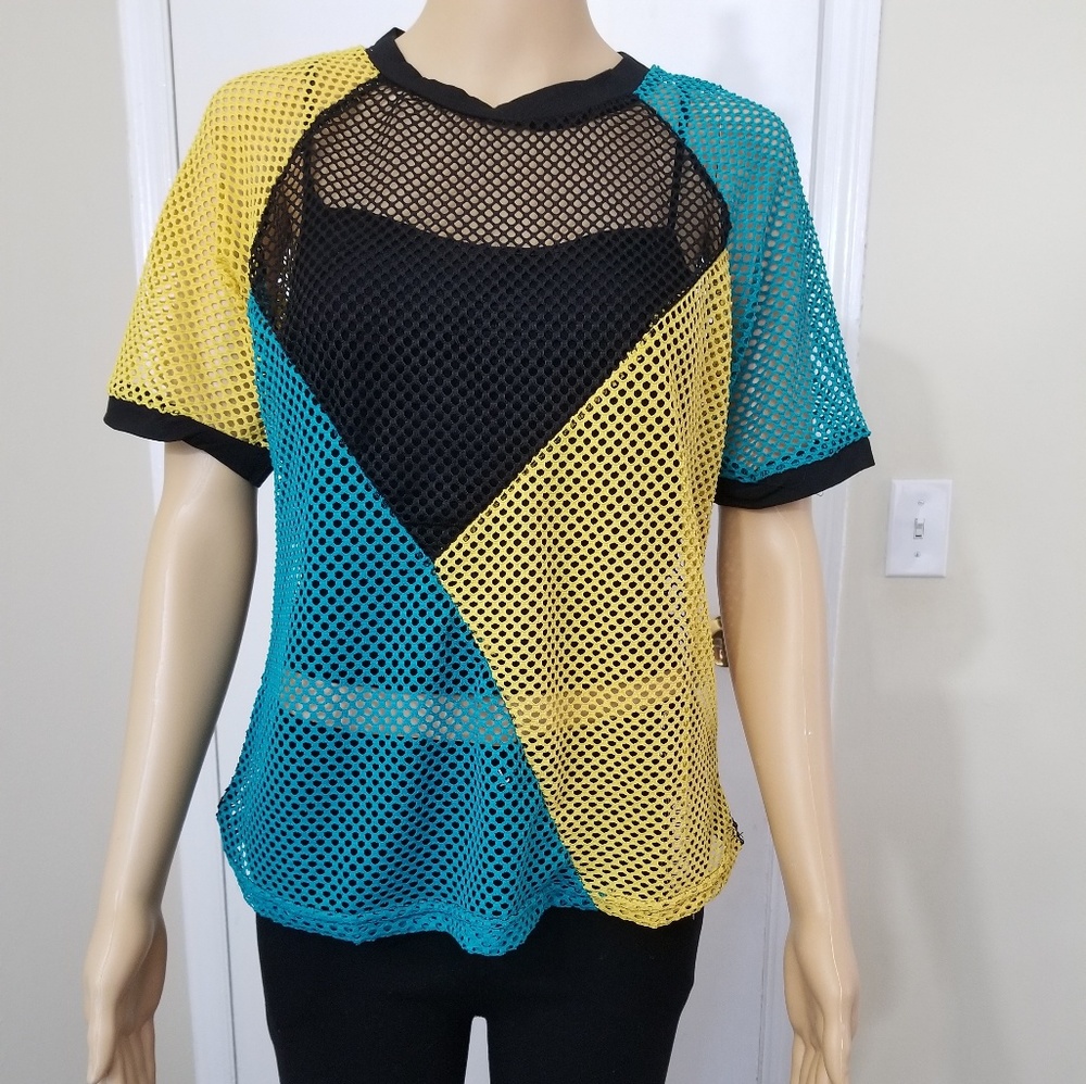 Short Sleeve Cut and Sew Mesh Sheer Top